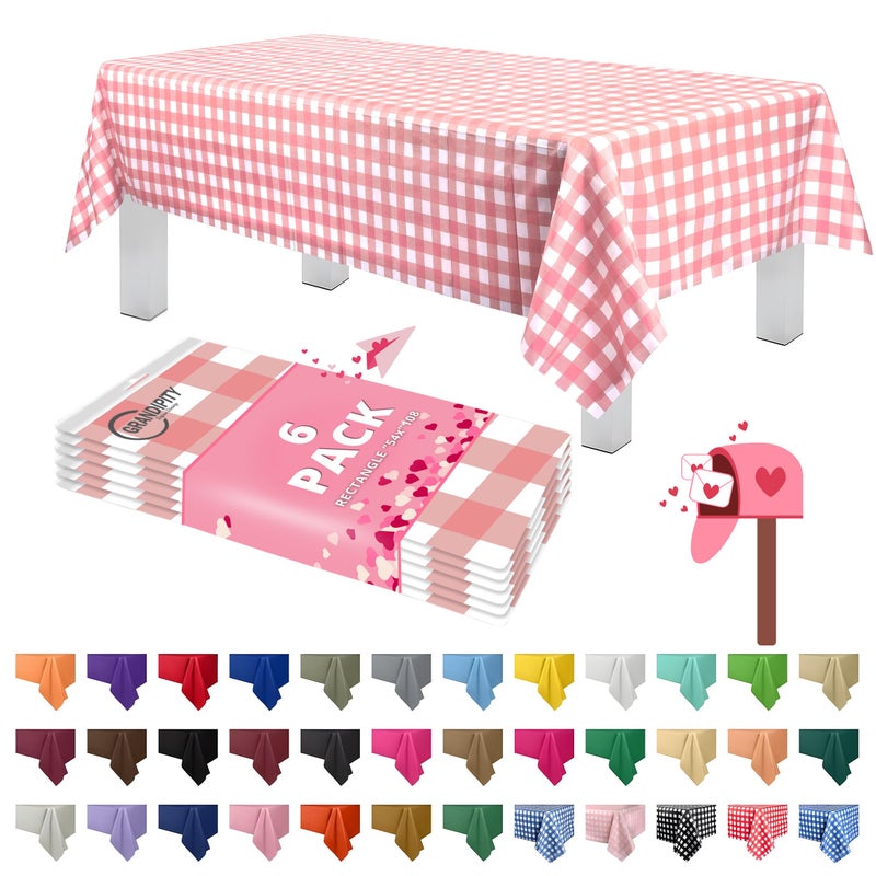 Grandipity Pink Gingham Checkered Plastic Table Cloth Disposable (6 Pk) 54in x 108in Plastic Tablecloths for Rectangle Tables - Premium Party Table Cloths Disposable for 6ft to 8ft Rectangle Tables - Image 1